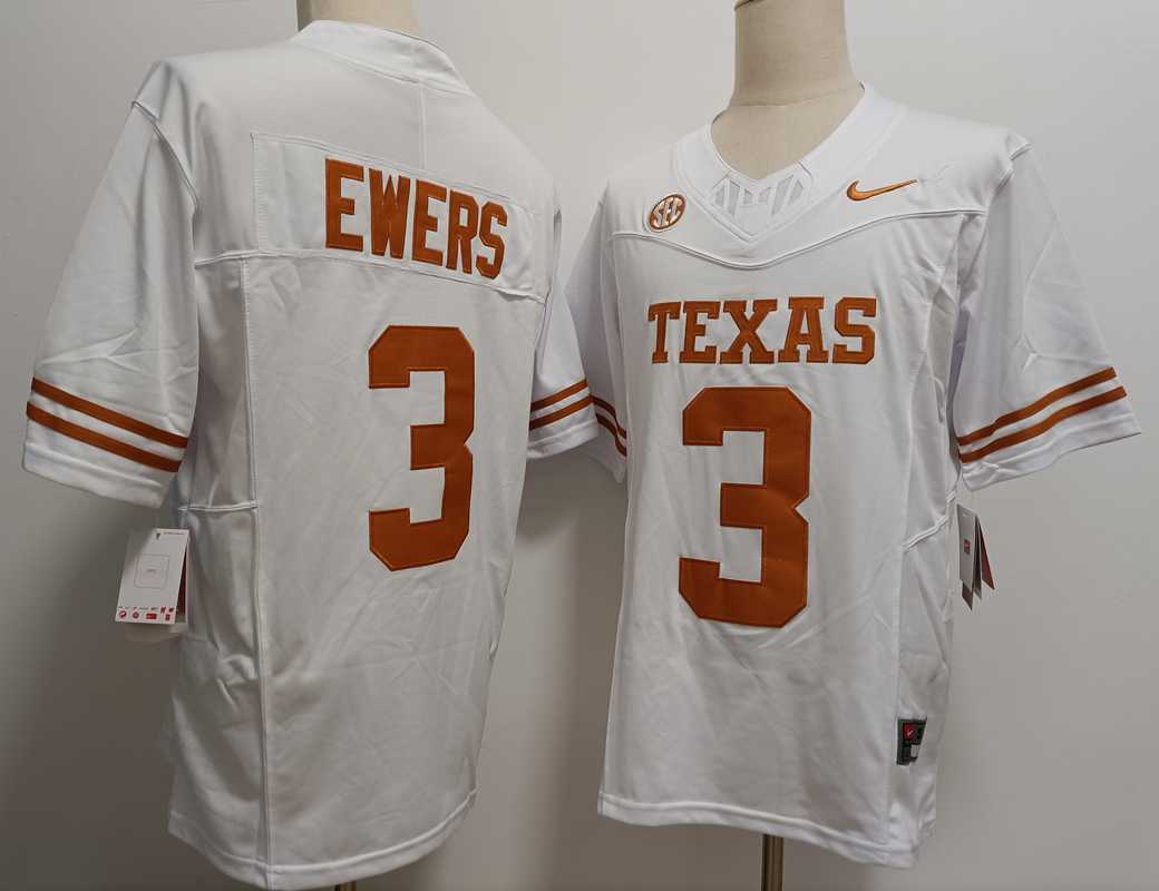 Mens Texas Longhorns #3 Quinn Ewers White FUSE Stitched Jersey